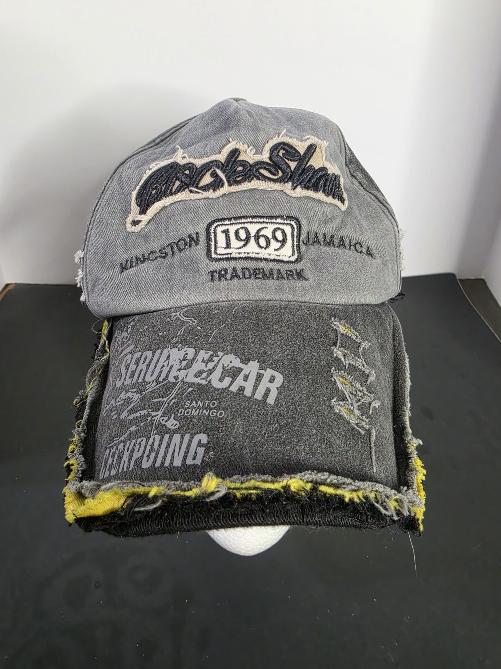Grey Distressed Rock Shark Embroidered Cap with Yellow Trim